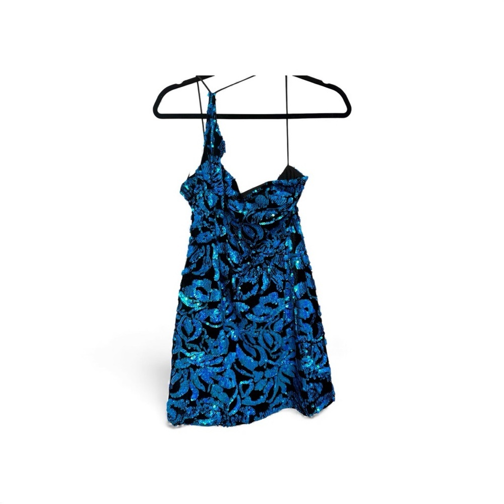 Blondie Nites Black One-Shoulder Dress w/ Metallic Blue Sequins Size 11 Juniors